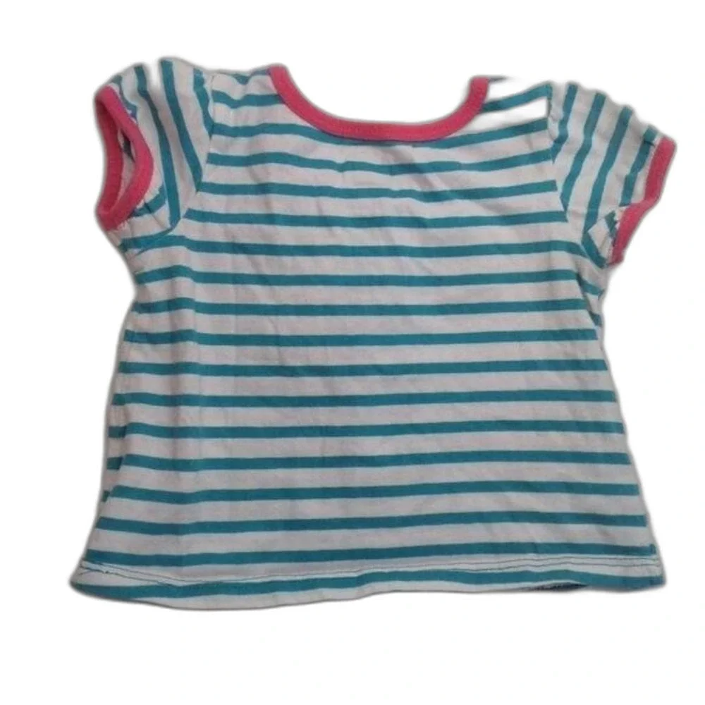 Old Navy Baby Girl Shortsleeve Blouse White Teal Stripes Pink Accents Bow 6-12Mo